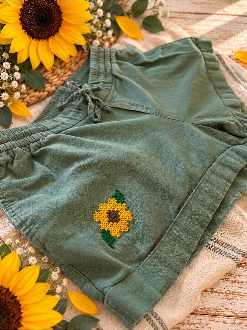 Sunflower Cross stitched linen shorts handmade